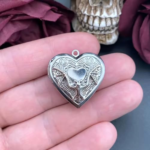 Silver Bat Heart Locket Pendant Necklace2