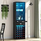 Loomie Wine Bar Cabinet with LED Lights, 65'' Tall Coffee Bar with 24 Wine Rack & Glass Holder, Freestanding Liquor Cabinet with Tray & Drawer & Adjustable Shelf (Black)