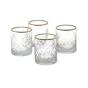 Serene Spaces Living Set of 4 Etched Squares Glass Votive Holders with Gold Rim, Ideal for Wedding Decorations, Parties, Events, Measures 3″ Tall and 2.5″ Diameter