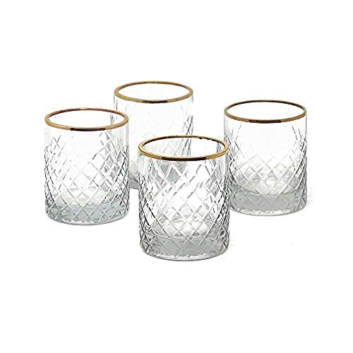 Serene Spaces Living Set of 4 Etched Squares Glass Votive Holders with Gold Rim, Ideal for Wedding Decorations, Parties, Events, Measures 3″ Tall and 2.5″ Diameter