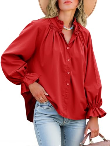 Tankaneo Womens Puff Long Sleeve Button Down Shirts Pleated V Neck Cotton Blouses Loose Fit Casual Ruffle Tops