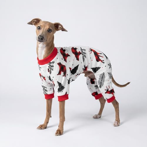 Image of Fitwarm Reindeer Dog Christmas Pajamas, Winter Doggy Clothes for Small Dogs Boy Girl, Fleece Dog Onesie with Feet, Holiday Pet Outfit, Black, White, Red, XXL