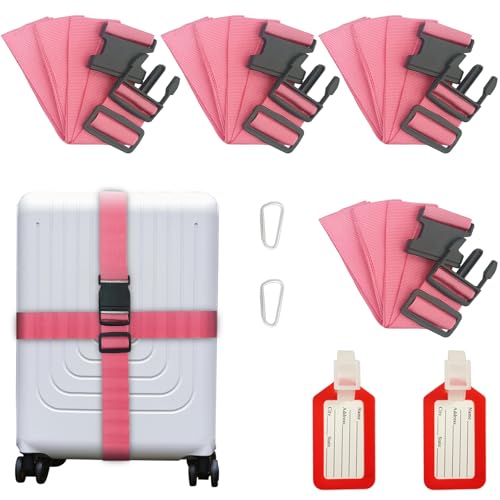 Image of Luggage Strap and Tag Set (4 Pack 2 Tags 2 Climbing Buckles) Keeps Cargo Safe with Adjustable Travel Packing Strap with A Packing Width of 2 Inches and A Length of 86.6 Inches (Pink)
