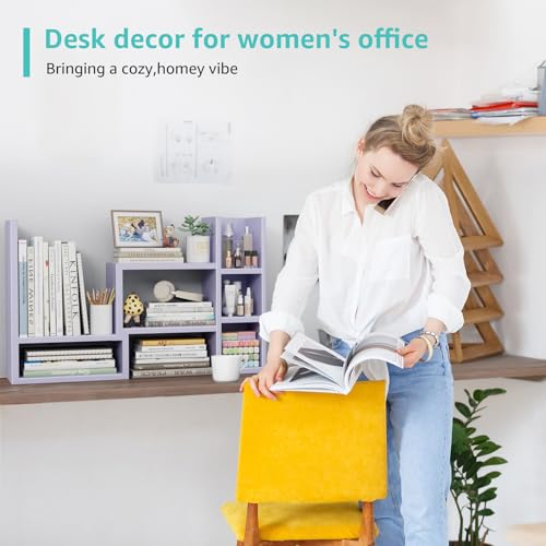 Image of NUTIKAS Desk Shelves Desktop Organizer Shlef - Purple Office Organization for Top of Desk Organizers and Accessories Corner Bookshelf Table Top Shelving Small Hutch Decorations for Women Office