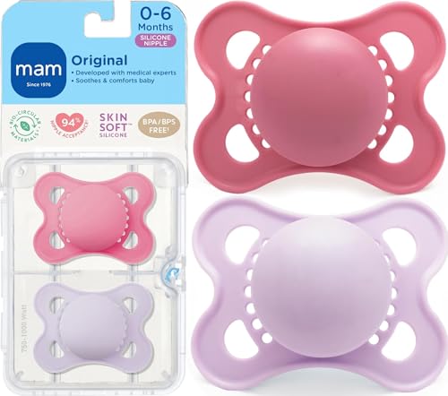 Image of MAM Original Baby Pacifier 0-6 Mths, Skin Soft Silicone Nipple, 2 Pack