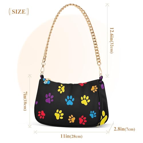 Multicolored Dog Paw Prints Black Handbag Medium Womens One Shoulder Purses Hobo Party Purse Zipper Closure Chain Strap3