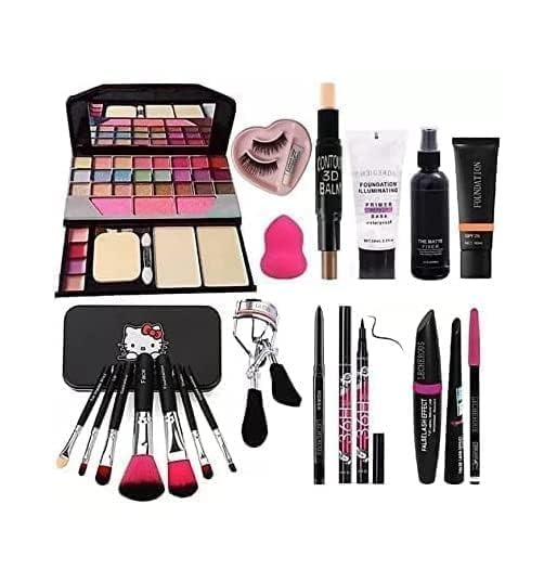 TYA 6155 Makeup Kit and 7 Black Makeup Brushes,Contour Stick,Primer,Fixer,Foundation,Kajal, 36H,Eyelashes & Curler, Beauty Blender & 3in1 Liner,Mascara,Eyebrow Pencil – (Pack of 20)