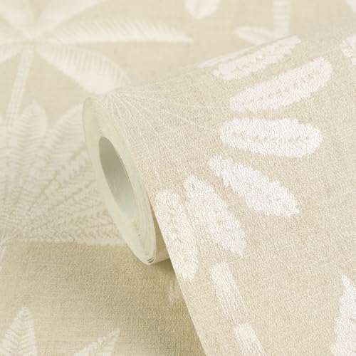 Papel pintado no tejido para tapar gotelé con diseño de jungla beige crema 3