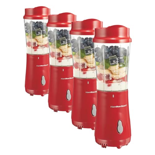 Image of Hamilton Beach Portable Blender for Shakes and Smoothies, 14 Oz BPA Free Travel Cup & Lid, Durable Stainless Steel Blades, Personal Smoothie Blender, Red (51101RV) (Pack of 4)