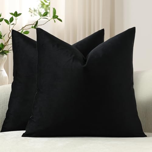 DEZENE Throw Pillow Covers 18x18 Black: Pack of 2 Cozy Soft Velvet Square Modern Luxury Decorative Throw Pillow Cases for Sofa Couch Living Room Bed Home Decor