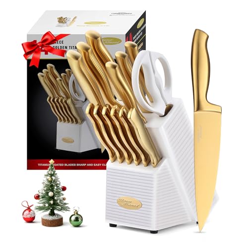 Marco Almond® Gold Knife Set, Knife Block Set MA21,Titanium Coated 14 Pieces Stainless Steel Chef Gold Kitchen Knife Sets with White Block