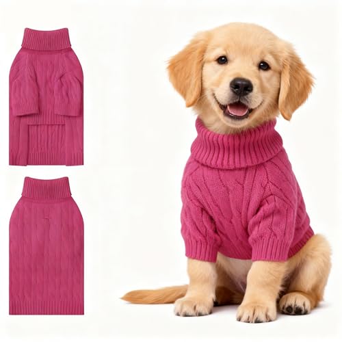 Image of Small Dog Thermal Pullover Sweater, Classic Turtleneck Cable Knitwear Dog Clothes for Cold Weather Warm Pet Clothes for Chihuahua, Bulldog, Dachshund, Pug Hot Pink XX-Large