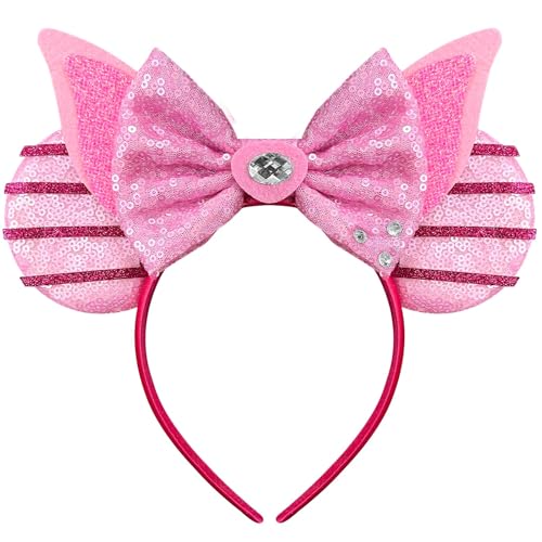 Brylla Cute Pig Mouse Ears Headband for Women Sequin Pink Bows Headband