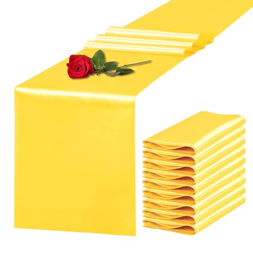 Yblut 10 Pack Satin Table Runner 12 x 108 Inch Long Yellow Silk Table Runner for Wedding Party Banquet Birthday Decoration