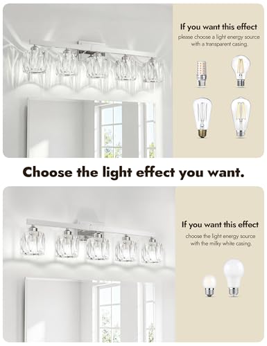 Image of VOLISUN Crystal Vanity Lights for Bathroom, 5 Light Bathroom Vanity Light, Modern Stainless Steel Bathrooms Lights Over Mirror, Chrome Bathrooms Lights Fixtures-UL Certificated(Exclude Bulb)