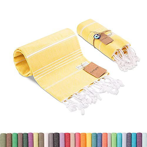 Realgrandbazaar Lucky Turkish Towels Beach Towels%100 Cotton - Pre Washed, No-Shrink, Quick Dry, Soft 39X71' Large Peshtemal, Turkish Towel, Set Can Be Made - Goqan (Yellow) #TOP28