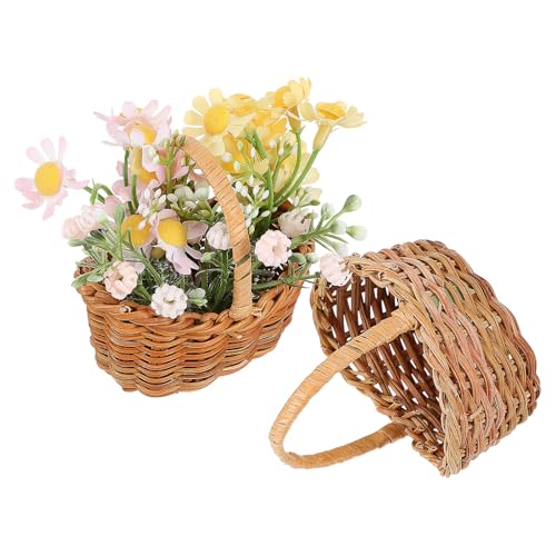 NUOBESTY 2 Stück Kleiner Rattankorb Handgeflochten Kleiner Blumenkorb aus Naturmaterial für Hochzeitsdekoration und Puppenhaus