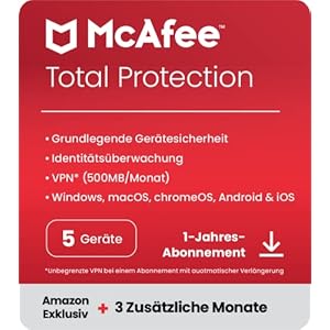 McAfee Total Protection 2023 exklusiv bei Amazon |5 Geräte|Virenschutz- und Internetsicherheits-Software|VPN, Kennwort-Manager, Darknet-Überwachung|15-Monate-Abonnement inkl. 3 GRATISMONATEN|Download
