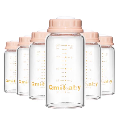 Qmibaby Natural Glass Baby Bottle Standard Neck Breastmilk Storage Bottle for Fridge Breast Milk Container Breast Pump Bottle Compatible with Medela Breast Pump BPA Free 6PCS (5oz 6 Pink Lids)