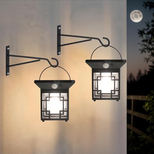 Hqynss Lanternes Murales Solaires, Lumière Vintage Extérieure, Lanternes de Jardin LED Suspendues avec Capteur, 3 Modes d’Éclairage, Étanche IP65 pour Garage, Jardin, Cour, Terrasse, Noir (Pack de 2)
