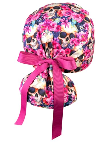 Image of Scrub Cap for Women and Men, Ponytail Scrub Caps, Working Hat, Head Cover with Ribbon Ties and Buttons, Long Hair