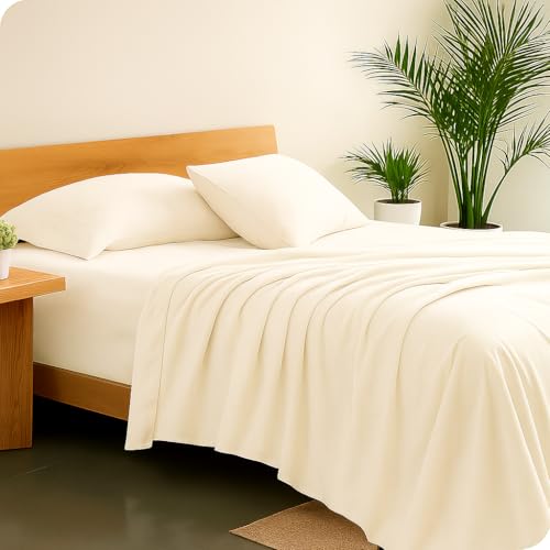 Image of 100% Cotton Bedsheet Set - Ivory King Size (102x108 Inches) - Lightweight, Super Soft, Wrinkle-Free - Flat Bedsheet with 2 Pillow Covers
