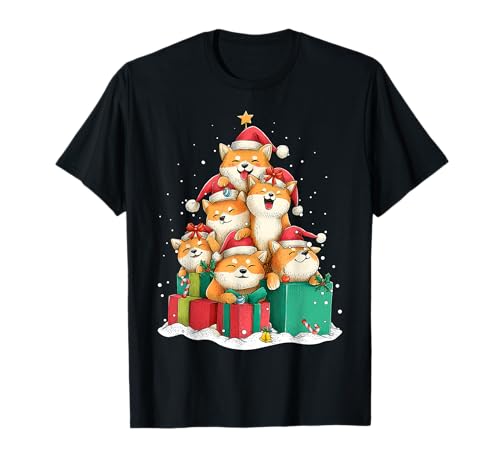 Joli Chapeau de Sapin de Noël Shiba Inu Pile pour Chien T-Shirt