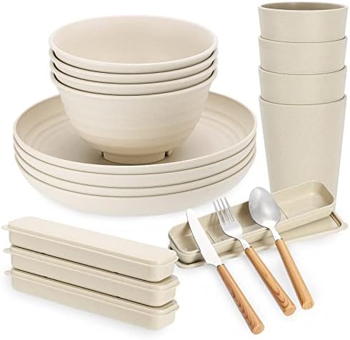 28pcs Wheat Straw Dinnerware Sets for 4, Wheat Straw Plates and Bowls Sets Microwave Safe, Large Plates, Bowls, Cups