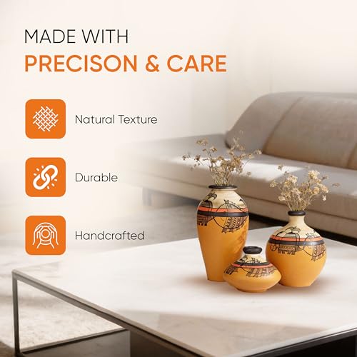 Image of Aakriti Art Creations Vase Earthen Miniatures Yellow Madhubani Set of 3 | Hand-Painted Terracotta Flower Vases | Matte Finish Decorative Vases for Living Room, Table Decor & Gifting