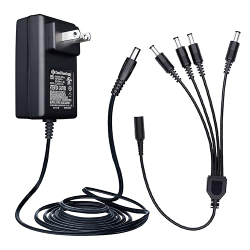 Power Adapter AC 100-240V to DC 12V 2A (2000mA) & 4-Way Power Splitter Cable for CCTV Security Cameras/DVR/NVR/LED Strip Lights/Routers and More, UL/FCC/CE Certificated (6ft)
