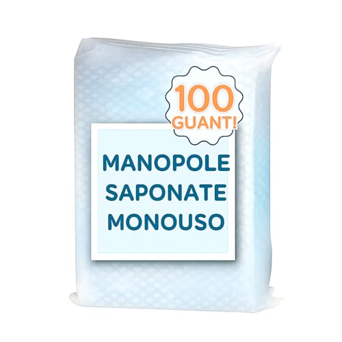 Manopole Saponate Monouso - 100 pezzi - Guanti Pre-Saponati- Detersione Senza Risciacquo per Incontinenza, Allettati, Recupero Post-Operatorio e Campeggio. 100% Made in Italy!