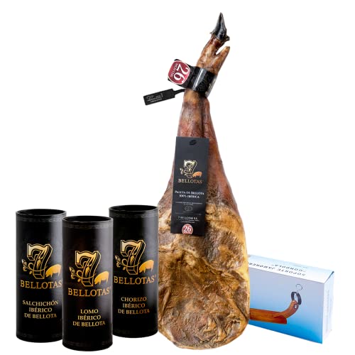 Paleta de bellota 100% ibérica 7 BELLOTAS® + Embutidos de bellota (3X500gr.) + Jamonero Gondola y Cuchillo Cover