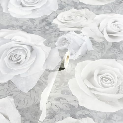 WALLPAPER EMPIRE - Soft Grey Roses Wallpaper - Chic, Modern, Beautiful Artistic Roses Design Classy Architectural Designer Look,Stunning