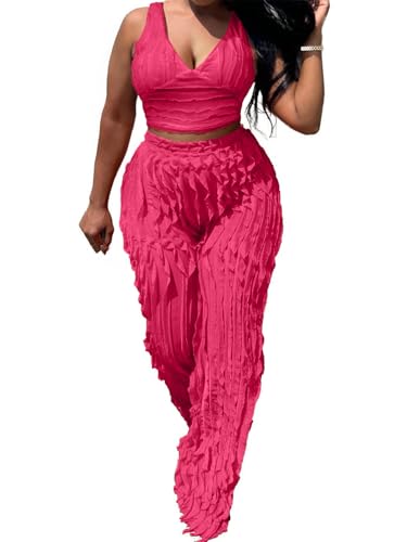 PRIVIMIX Women 2 Piece Outfits Sexy See Through Backless Top Ruffle Wide Leg Palazzo Pants Sheer Mesh Trousers Set