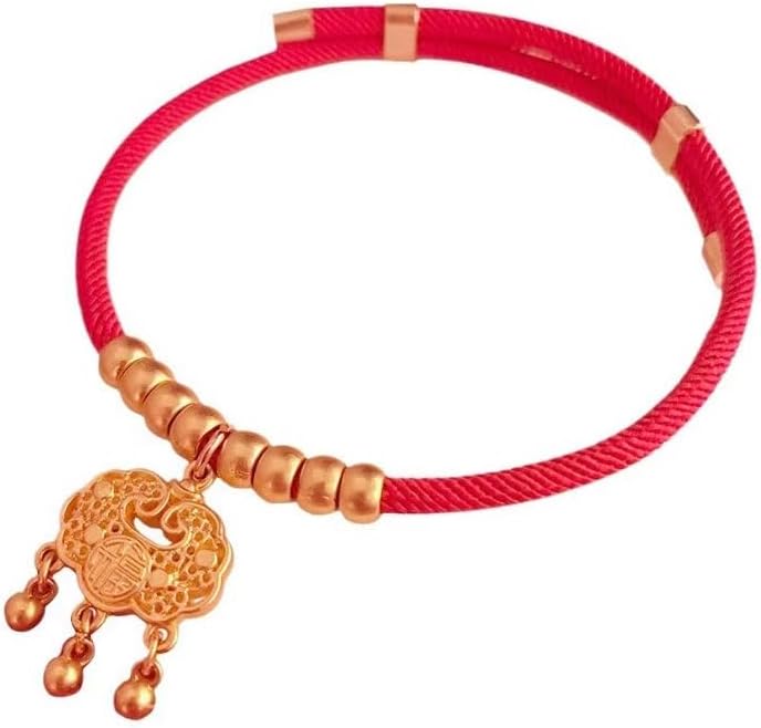 Red Cord Cat Necklace with Golden Ruyi Lock Pendant and Beads, Good Luck Charm Dog Collar, Small Pet Puppy Jewelry, M94