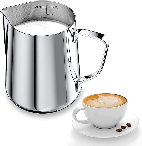 Dzbanek na mleko, 350 ml, spieniacz ręczny ze stali nierdzewnej, kubek do kawy, spieniacz do mleka, kubek z oznaczeniem pomiarowym, dzbanek na mleko pasuje do Barista Cappuccino Espresso