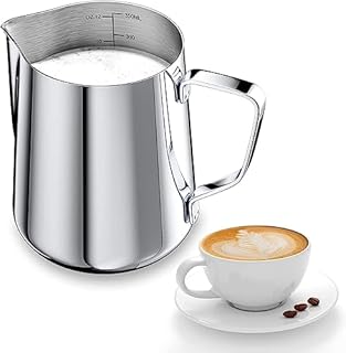 Dzbanek na mleko, 350 ml, spieniacz ręczny ze stali nierdzewnej, kubek do kawy, spieniacz do mleka, kubek z oznaczeniem pomiarowym, dzbanek na mleko pasuje do Barista Cappuccino Espresso
