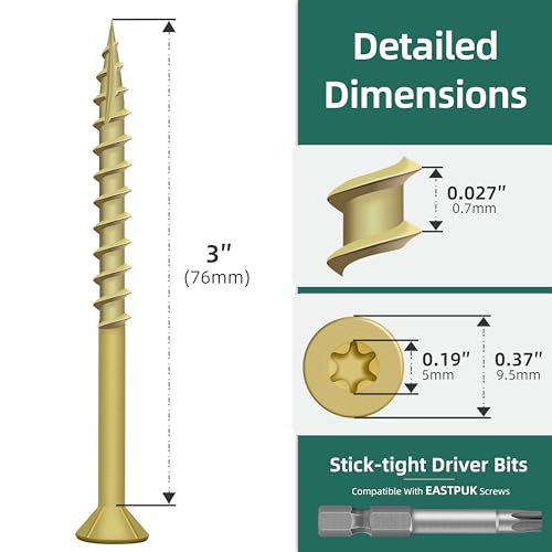 Image of Deck Screws 3 Inch, Wood Screws #10x3, 127 PCS 2lb, Rust Resistant Exterior Epoxy Coated Outdoor Decking Screws, Torx /Star Drive Head Deck Screw, T25 Star Bit Included, Tan by EASTPUK