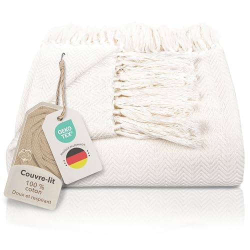 Gräfenstayn Premium Couvre-lit avec Franges - 100% Coton - 220 x 240 cm XXL, Couverture d'été à Chevrons en Coton pour Le lit et Le canapé, Couvre-canapé...