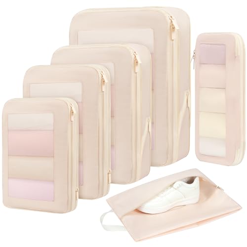 Image of BAGAIL 4 Set /6 Set /8 Set Compression Packing Cubes Travel Accessories Expandable Packing Organizers (Square Mesh, 05-Cream)