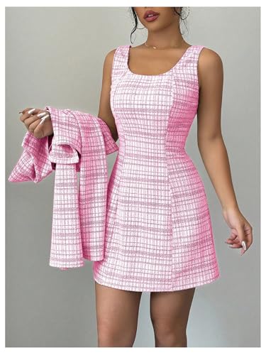 Image of SOLY HUX Women's 2 Piece Outfits Plaid Long Sleeve Button Down Cropped Jacket and Sleeveless Mini Dress Sets