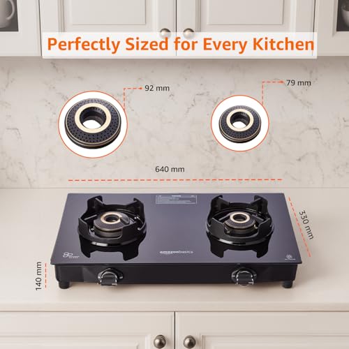 Image of Amazon Basics 2 Burner Glass Top Gas Stove - Auto Ignition, 5G Brass Burners, Crown Pan Supports, ISI Approved, Toughed Glass Top, Anti Skid Legs - Black