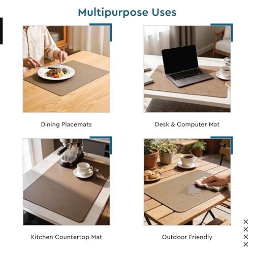 Image of Encasa XO Leather Dining Table Mat Set of 4 + 4 Coasters, 42x30 & 9 cm | Water & Heat Resistant Double-Layer Dining Table Mats with Suede Top | Wipeable & Durable Taupe Placemats for Dining Table