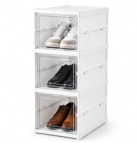 RAYMOX 3 Tier Collapsible Shoe Rack with Door | Heavy Duty Plastic Sneaker Crates | Transparent Shoe Boxes | Sneaker Shoe Stand | Organiser for Heels, Boots, Loafers, Slippers