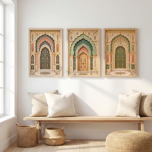 Image of NoWorries Arch Wall Art Set of 3 Framed Prints | Indian Traditional Palace Door Painting, Royal Rajasthani Architecture Poster, Vintage Floral Ethnic Wall Decor for Living Room Bedroom Home (Synthetic Engineered Wooden Frame) (MIN -3, 13x17 inches)