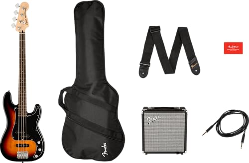 Include: abbonamento di 3 mesi a Fender Play, amplitore per basso Rumble 15, custodia imbottita, cavo per strumenti da 10' e tracolla per strumenti