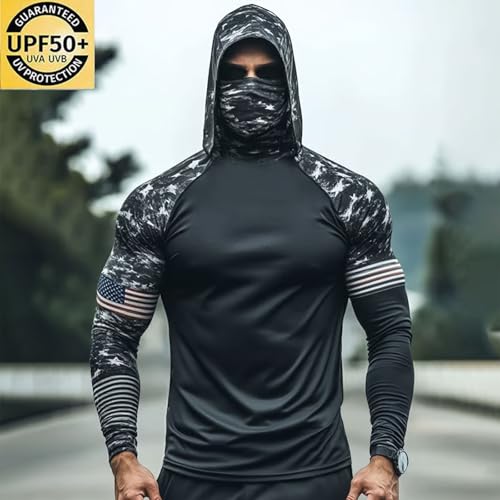 Hooded Sun Shirts for Men Hooded UPF 50 Long Sleeve Mens Sun Protection Shirts Fishing Hoodies for Men with Face Mask UV Rash Guard Shirt Sudaderas para Hombre de Trabajo Black-3 XXL2