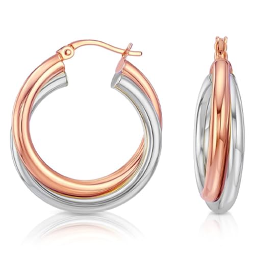 Image of TRUESILVER ACPL 925 Sterling Silver Hoop Earrings for Women | BIS Hallmarked Two-Tone & Three-Tone Intertwined Hoop Earrings | Oval & Round Lightweight Jewelry