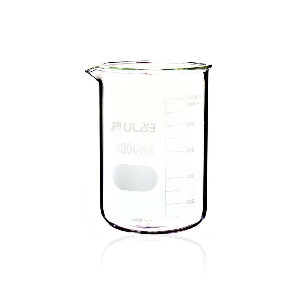 ULAB Scientific Glass Beaker Set, Vol. 1000ml, 3.3 Borosilicate Griffin Low Form with Printed Graduation, Pack of 2, UBG1017