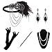 Produktbild KQueenStar 1920er Jahre Zubehör Set Flapper Kostüm Accessoires für Damen 20s Gatsby Jahre Stirnband Kopfschmuck Ohrringe Perlen Halskette Handschuhe Zigarettenspitze, Black Set A, M